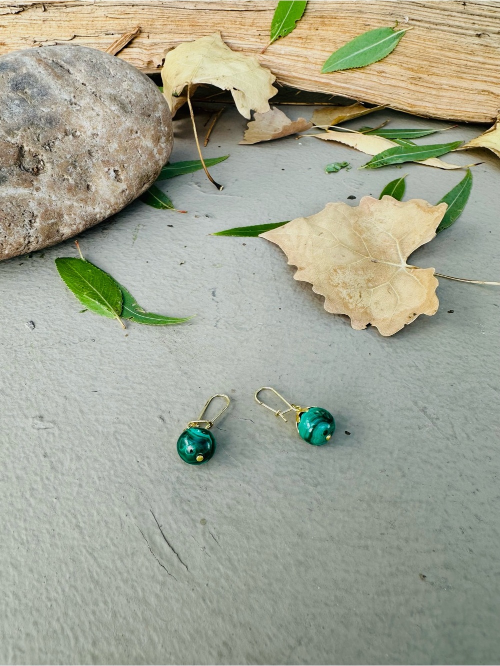 Handmade Green Marble Drop Earrings - Gold Accents